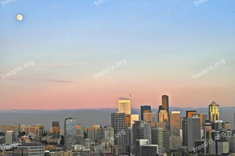 Seattle Skyline Moon Sunset Free Photos