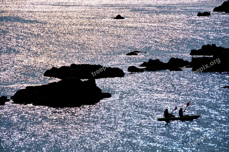 Sea Sunset Canoeing Paddler Boat