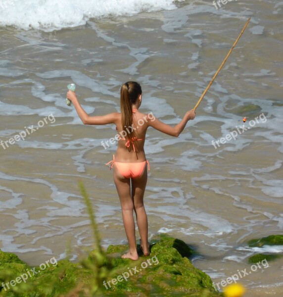 Fishing Rod Girl Sea The Mediterranean Sea