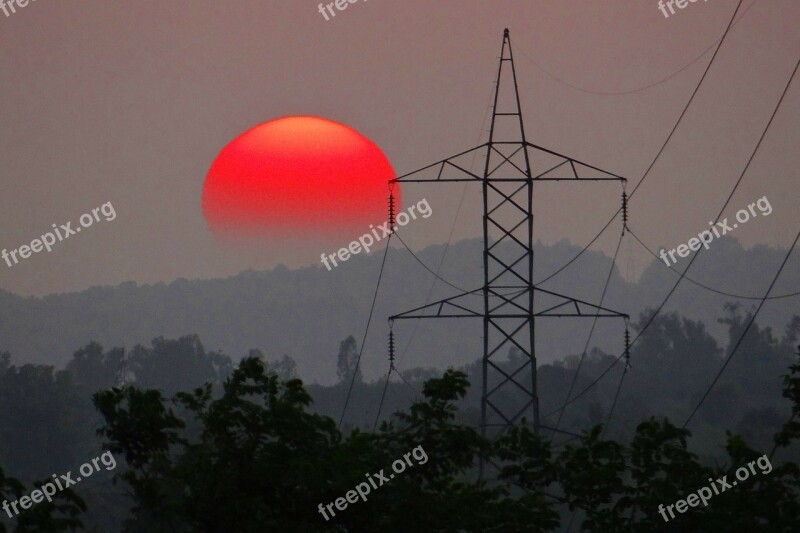 Sunset Electric Pylon Electric Tower Mountains Shimoga