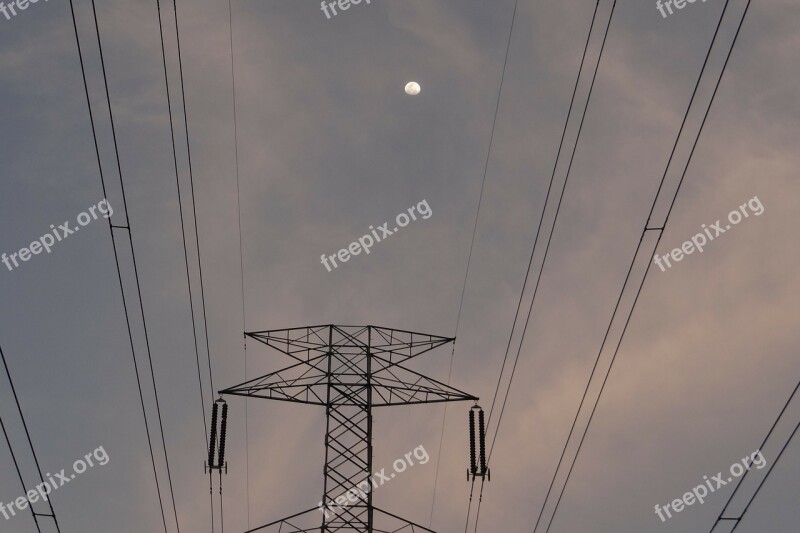 Moonrise Moon Electric Pylon Electric Tower Mountains