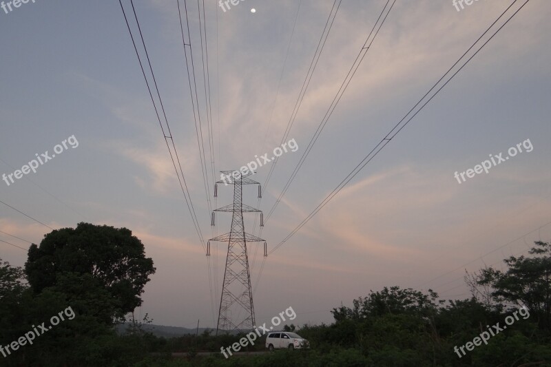 Moonrise Moon Electric Pylon Electric Tower Mountains