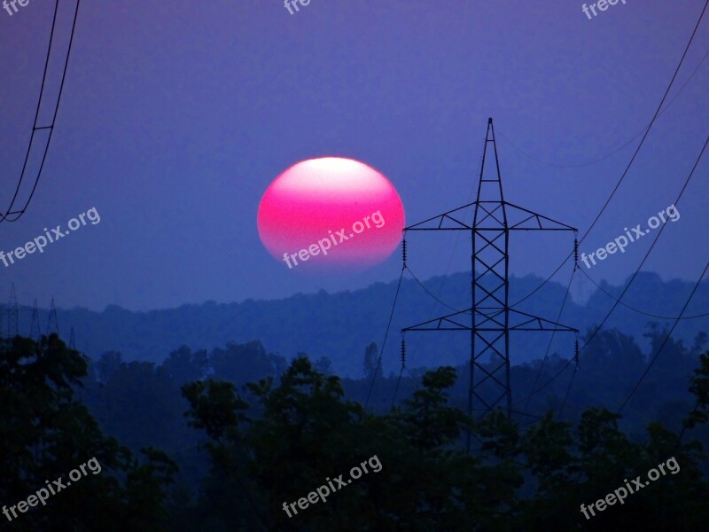 Sunset Electric Pylon Electric Tower Mountains Shimoga