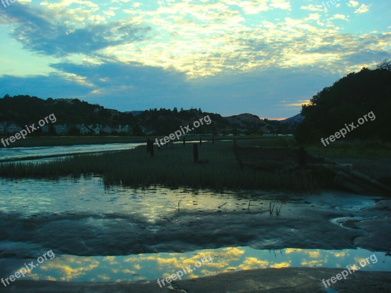 Water Low Tide Reflection Clouds Sunset