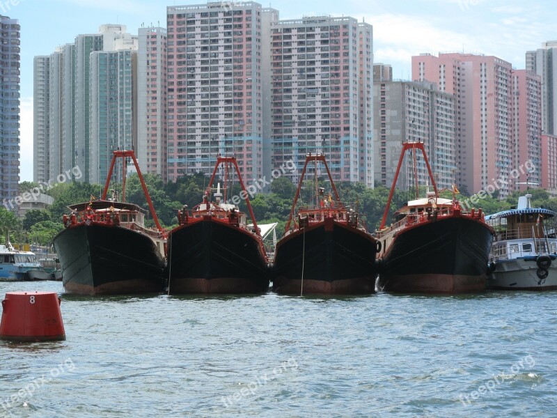 Hong Kong Boats Skyscrapers Bay Skyline