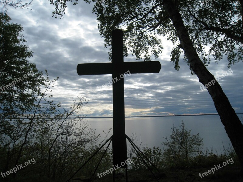 Cross Wood Tree Sky Blue Spring