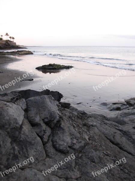 Rock Shore Sunset Sand Beach