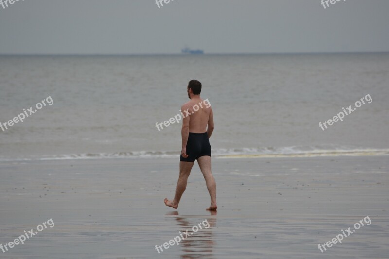 Man Swimming Trunks Sea Swimming Steps