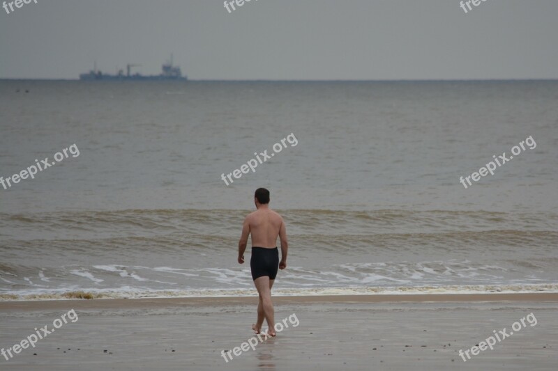 Man Swimming Trunks Sea Swimming Steps