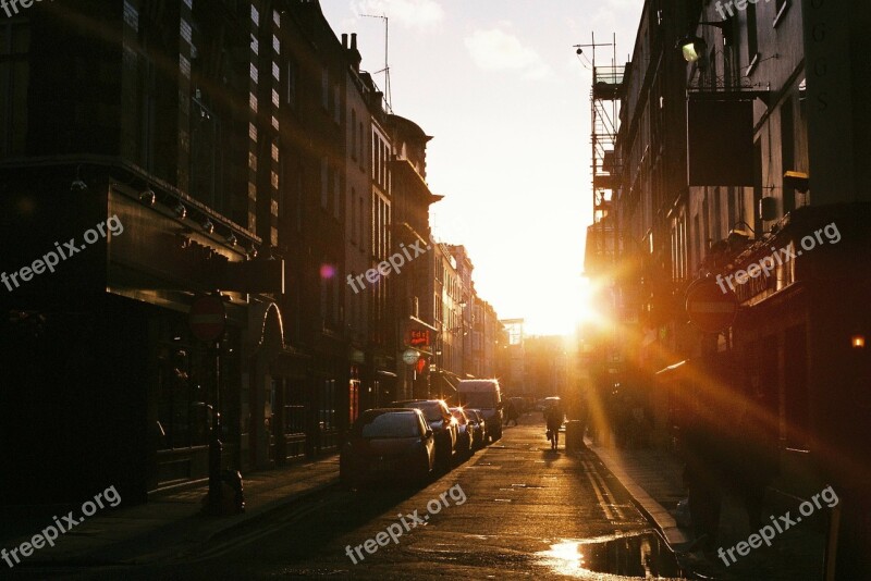 City Town Sunset Houses Urban