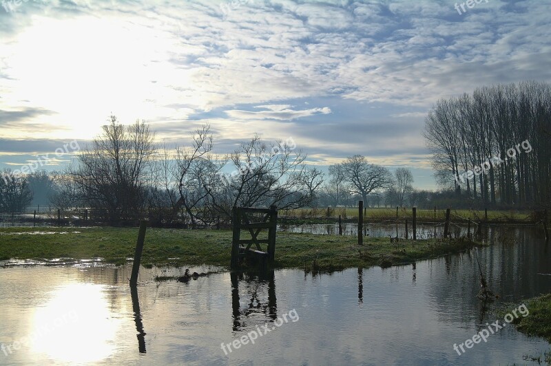 Flooded Frost Winter Fields Countryside