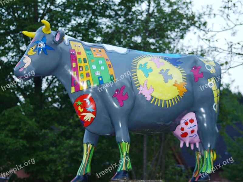 Cow Sculpture Painted Figure Colorful