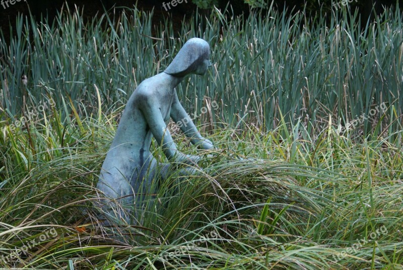 Bronze Statue Figure Girl Grass