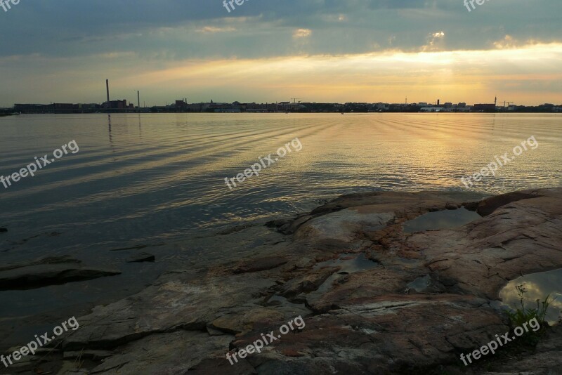 Sea Bay Rocks Sunset Sky