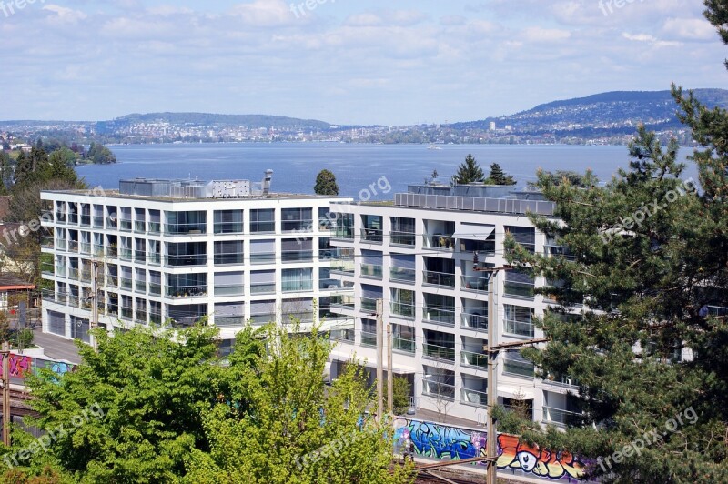 Lake Zurich Lake Houses Railroad Track Switzerland