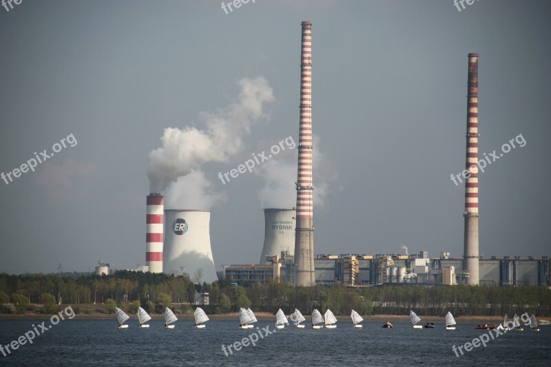 Power Station Smoke Chimneys Sails Lake