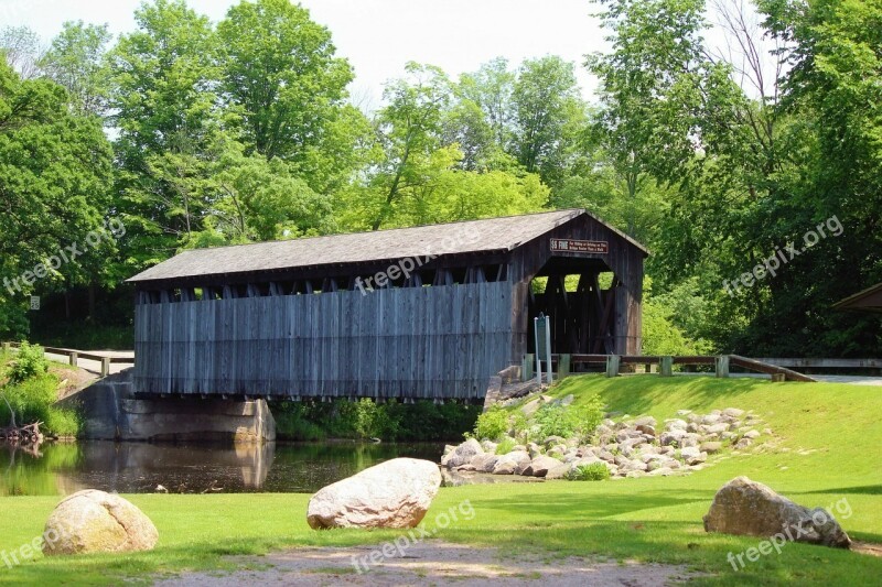 Covered Bridge Water Grass Nature Sky