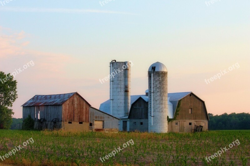 Farm Barn Silo Corn Sunset