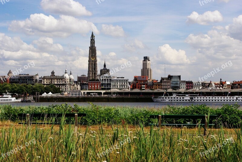 Antwerp Belgium Skyline Benches Grass