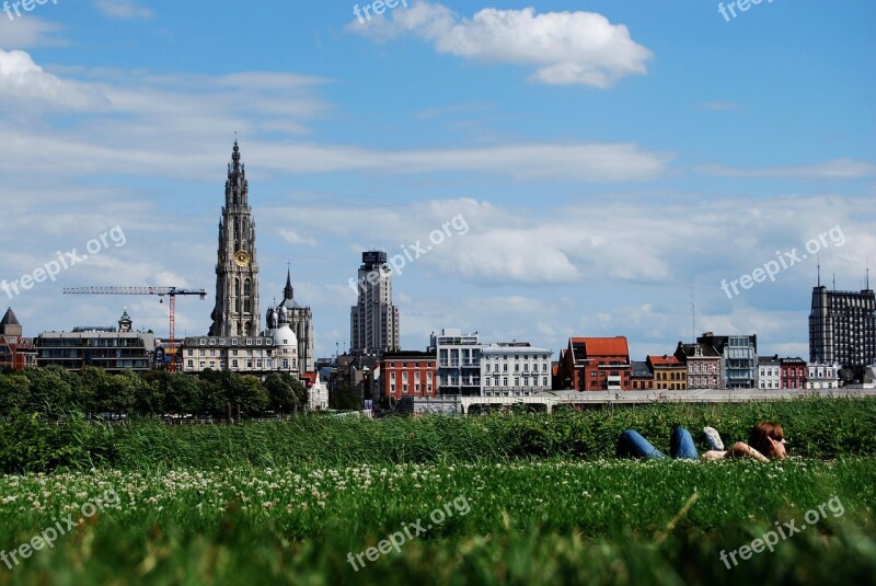 Antwerp Belgium Skyline Meadow Grass