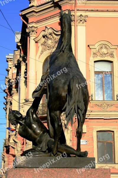 Statue Equestrian Man Breaking Horse Buildings