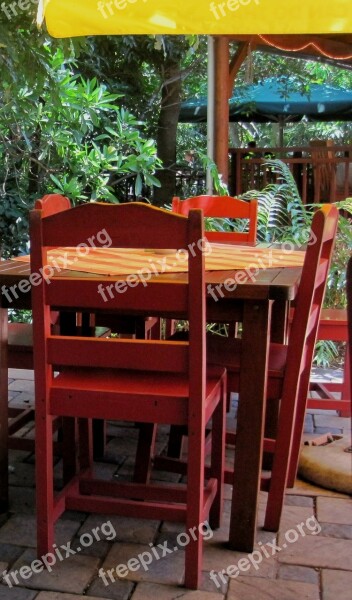 Table Chairs Wood Red Paving