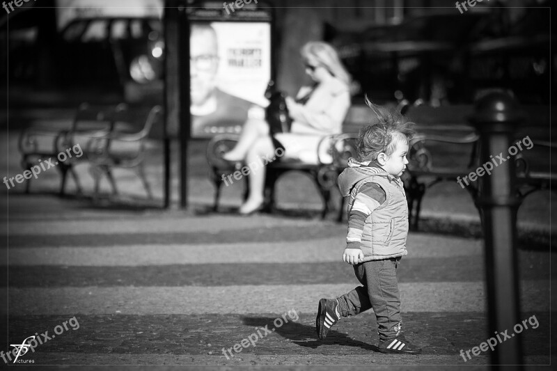 Child Running Black And White Street Life Girls