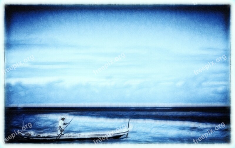 Drawing Image Fisherman Fishing Boat Sea