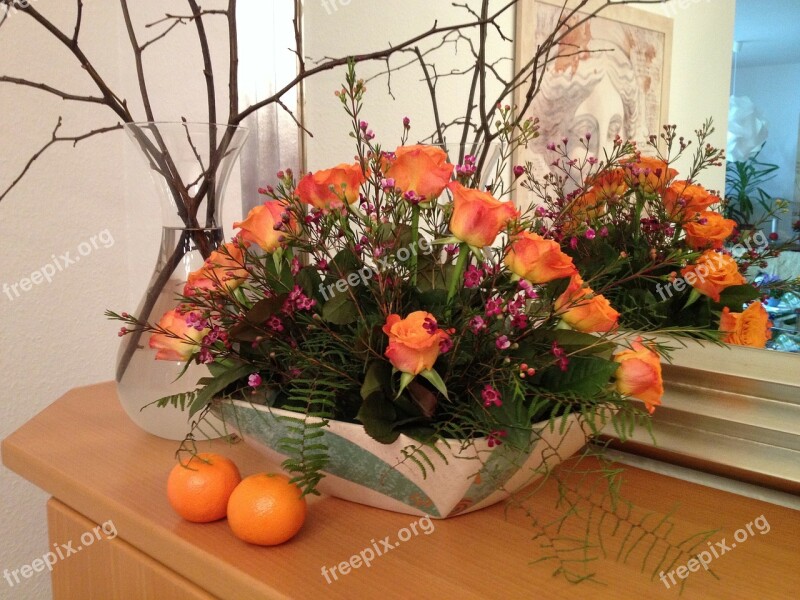 Roses Floral Arrangement Flower Bowl Flowerpot Orange