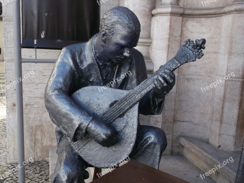 Statue Fado Singer Man Guitar Lisbon