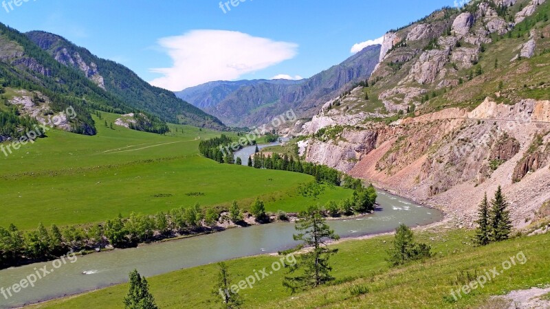 Altai River Mountains Panorama Landscape