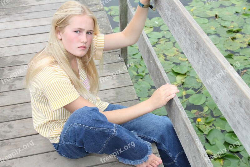 Young Girl Water Blonde Bridge Wood