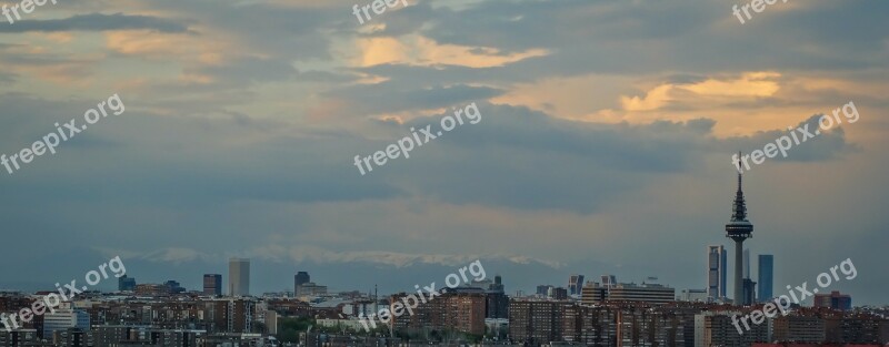 Skyline Madrid Skyscraper Architecture Sunset