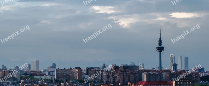 Skyline Madrid Skyscraper Architecture Sunset