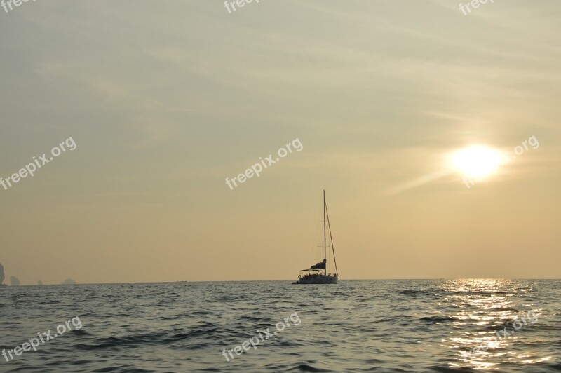 Sunset Ship Evening Sky Sea Sun