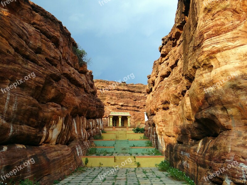 Badami Rocks Temple Red Sand Stone Rock Formations Cliffs