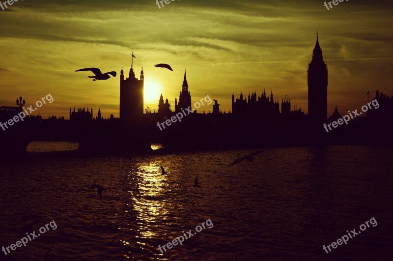 London Sunset London Bridge Silhouette Big Ben