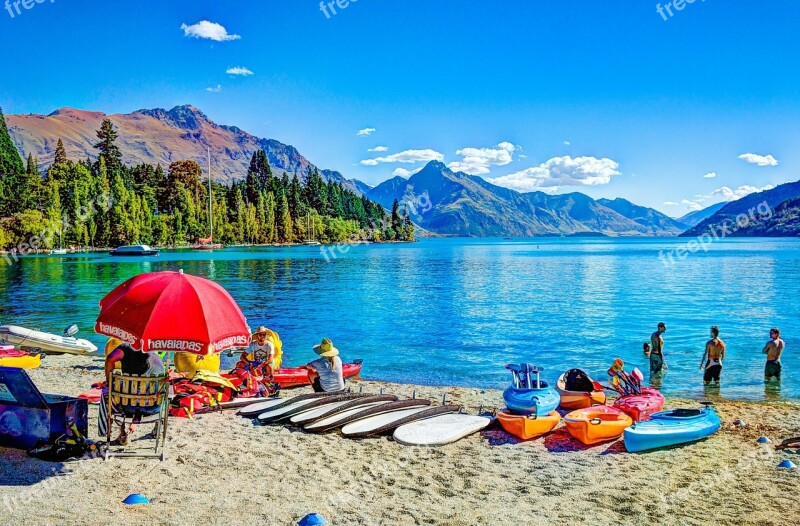 Queenstown Beach New Zealand Lake Mountains