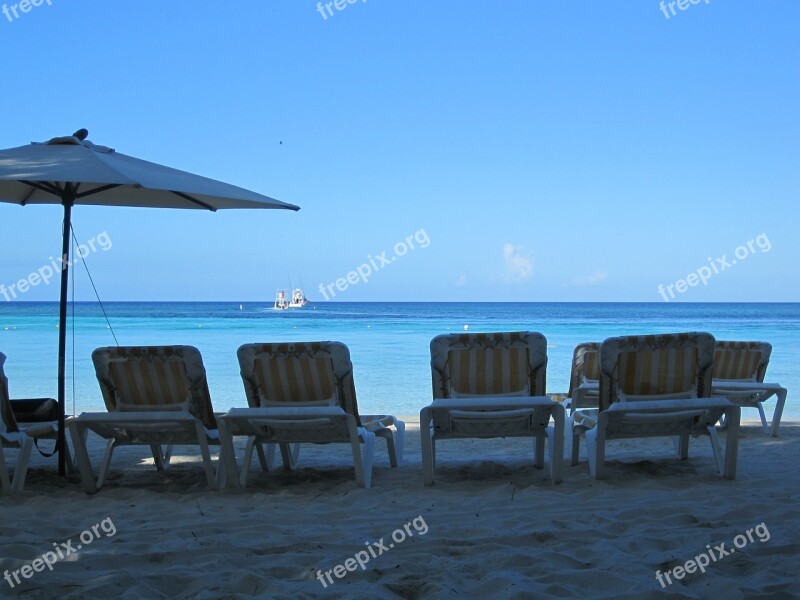 Sunloungers Beach Sea Ocean Vacation