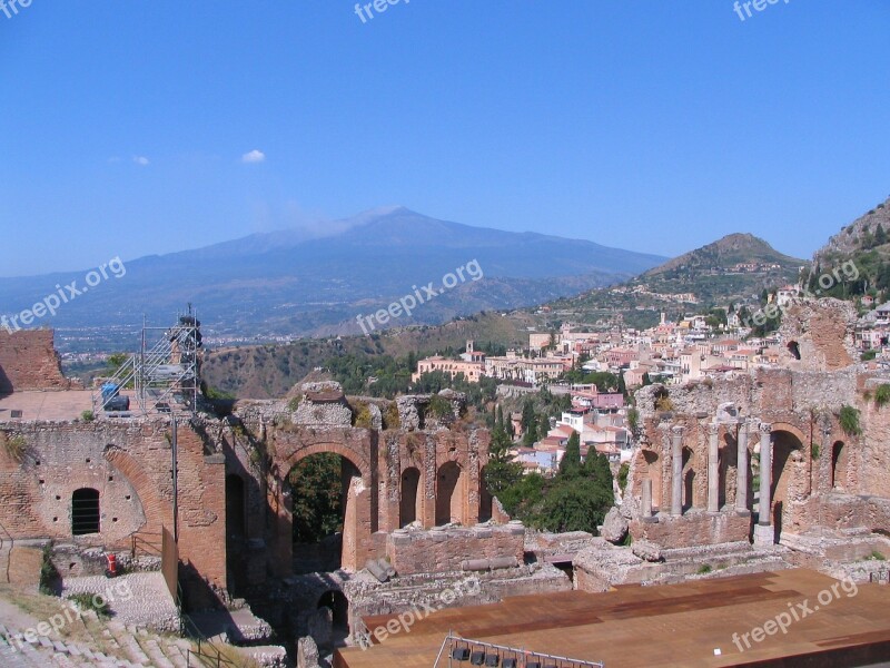 Greek Theatre Etna Volcano Taormina Sicily Italy