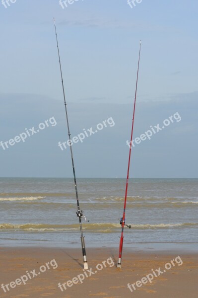 Fishing Rod Beach Sea Waves Water