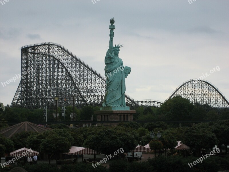 Theme Park Pleasure Fun Roller Coaster Statue Of Liberty