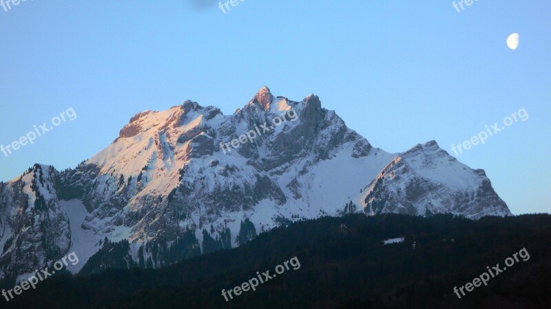 Mountain Pilatus Sunrise Moon Moonset