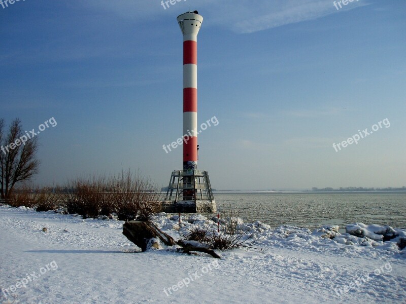 Lighthouse Elbe River Winter Ice Floes