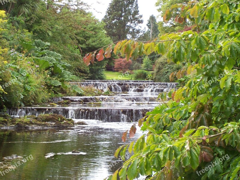 Pretty Scene Water Little Water Fall Green Trees Green Bank