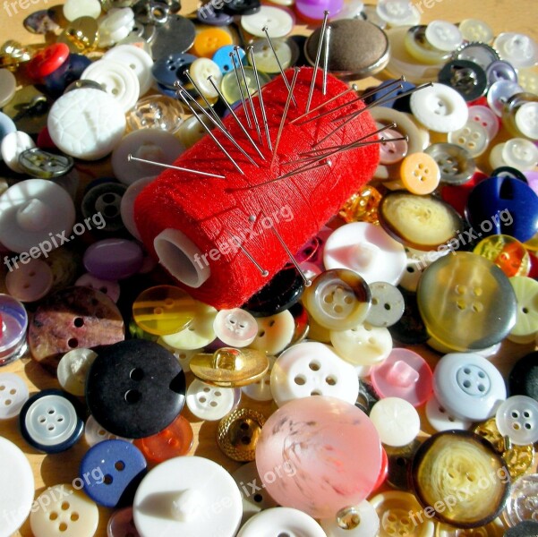 A Lot Buttons Spool Of Thread Red Needles