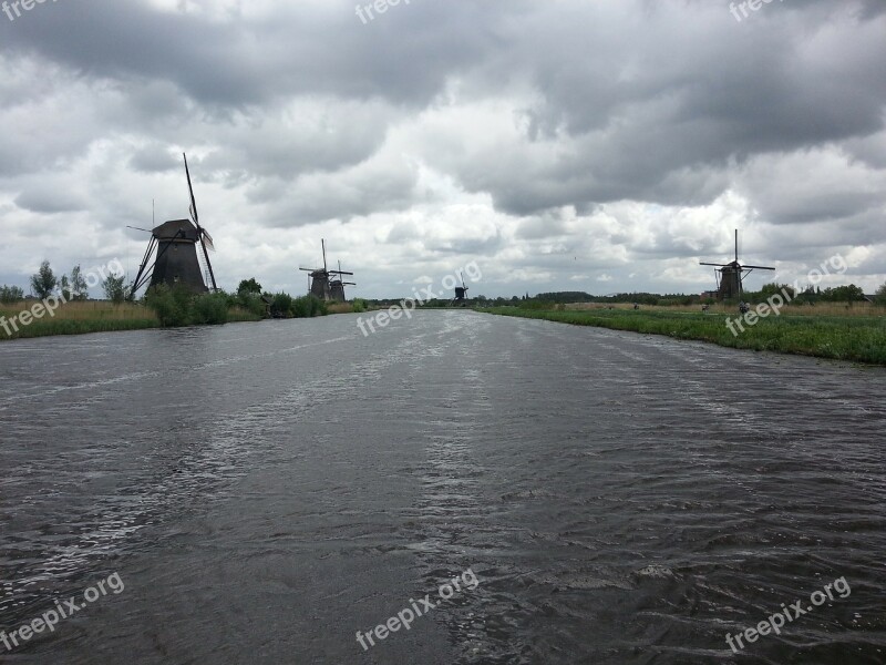 Windmills River Riverside Holland Netherlands