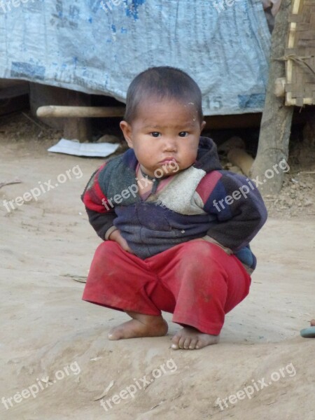 Child Boy Squat Squatting Looking