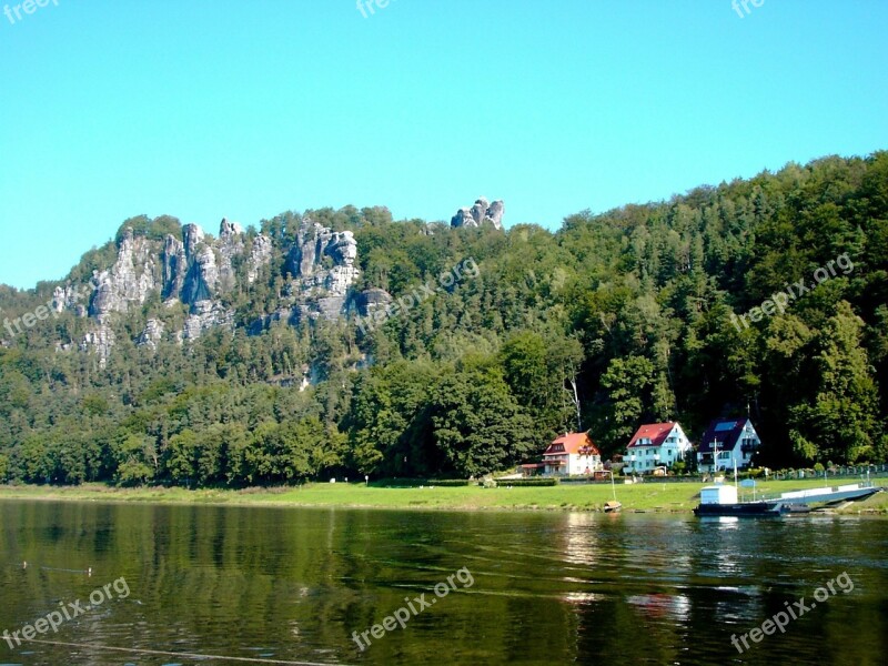 Elbe River Mirroring Elbe Sandstone Mountains Rock