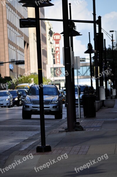 Downtown Dallas Cars Light Posts Busy